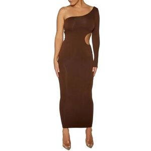 Naked Wardrobe Womens Size L Off The Shoulder Chocolate Brown Dress EUC